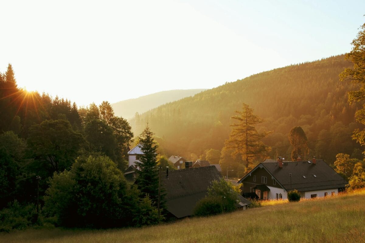 village and forest in countryside at sunset